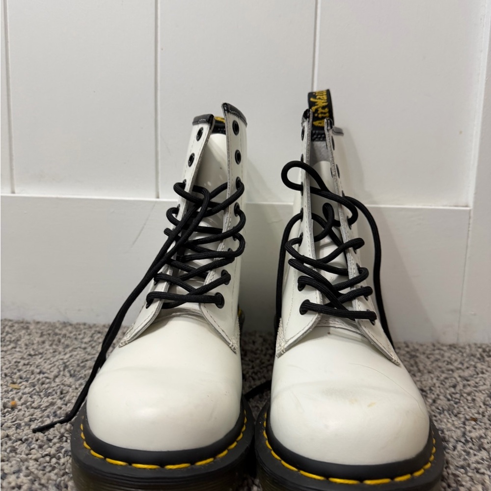 Dr. Martens White Combat Boots with Black Laces and Yellow Stitching